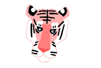 寅年の年賀素材　寅の顔のイラスト：ピンク：クレヨン