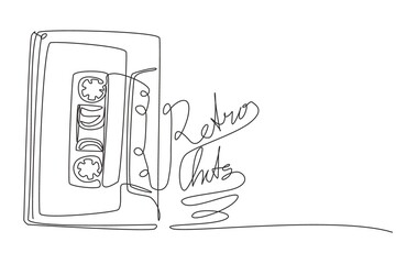 Continuous one line drawing vector illustration of tape spelling the word retro party. Mix tape easy to edit layers, groups, isolate tape element, mesh only used in background layer. Single line draw