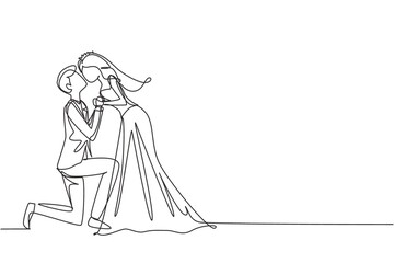 Single continuous line drawing romantic male kneel and kissing female in wedding celebration party. Happy married couple lovers kissing, holding hands with wedding dress. One line draw graphic design
