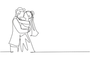 Continuous one line drawing woman and man stand in love and kiss each other in wedding celebration. Young married couple lovers kissing with wedding dress. Single line draw design vector graphic