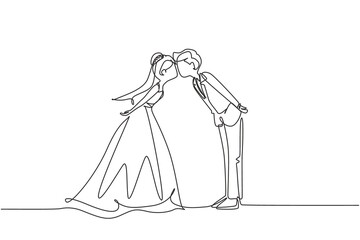 Single continuous line drawing married couple in love and kissing. Happy man wearing suit and woman with wedding dress celebrating wedding anniversary. One line draw graphic design vector illustration