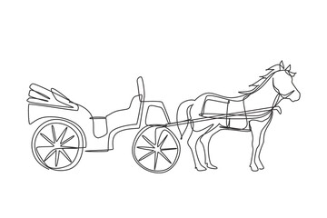 Fototapeta na wymiar Continuous one line drawing vintage transportation, horse pulling carriage. Old retro carriage with a horse, a horse pulls a carriage behind him. Single line draw design vector graphic illustration
