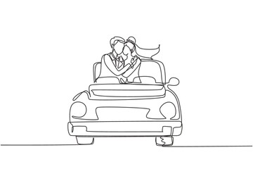 Single continuous line drawing happy married couple on road trip in vintage retro car wearing wedding dress. Romantic cute man and woman in vehicle. One line draw graphic design vector illustration