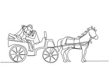 Fototapeta na wymiar Continuous one line drawing cute wedding couple trying kiss each other. Just married. Happiness bride and groom sitting in carriage pulled by horse. Single line draw design vector graphic illustration