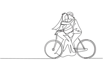 Single one line drawing active married couple riding on bike together. Happy cute enamored man and woman cyclist hugging feeling love wearing wedding dress. Continuous line draw design graphic vector