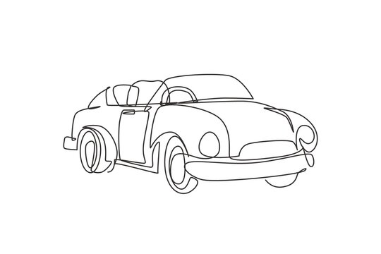 Single continuous line drawing classic retro convertible sports car. Collectors business comfortable cabrio automobile supercar. Vintage motor vehicle. One line draw graphic design vector illustration