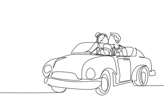 Single continuous line drawing romantic married couple riding car going on road trip. Man and woman driving in cabriolet car with wedding dress for honeymoon trip. One line draw graphic design vector