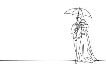 Continuous one line drawing married couple man woman, girl and boy walking holding umbrella under rain smiling hugging. Romantic couple at rainy autumn weather. Single line draw design vector graphic