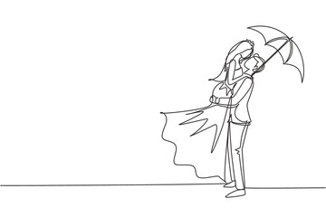 Single one line drawing couple in love under rain with umbrella. Man and woman walking at park and jumping with wedding dress. Married couple romantic relationship. Continuous line draw design graphic