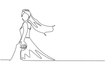 Single continuous line drawing woman wearing dress walking on romantic honeymoon holiday holding hand of husband following her, view from behind. Married couple summer vacation. One line draw graphic
