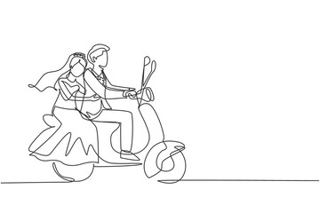 Single continuous line drawing married couple riding motorcycle. Man driving scooter and woman are passenger while hugging wearing wedding dress. Driving safely. One line draw graphic design vector