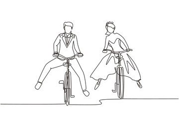Fototapeta na wymiar Single continuous line drawing married couple riding on bicycle. Romantic teenage couple ride bike with wedding dress. Man and woman in love. Happy married couple. One line draw graphic design vector