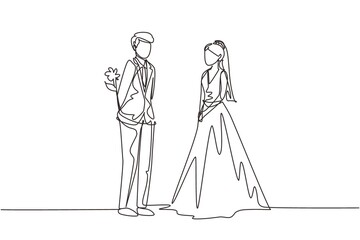 Single continuous line drawing romantic man holding flowers behind his back and standing in front of woman. Happy boy giving rose flower to girl and wearing wedding dress. One line draw graphic vector