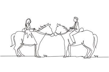Fototapeta na wymiar Single one line drawing romantic married couple in love riding horse at desert. Man and woman ride horse wearing wedding dress. Engagement and love relation. Continuous line draw design graphic vector