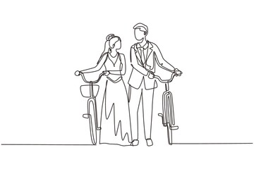 Fototapeta na wymiar Continuous one line drawing cute married couple walking down forest road with their bicycles on summer day. Romantic man and woman in love wearing wedding dress. Single line draw design vector graphic