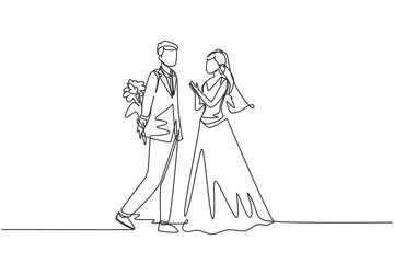 Fototapeta premium Single one line drawing man gives flowers to woman. Young man giving to woman bouquet of flowers in wedding day. Happy romantic couple in love. Continuous line draw design graphic vector illustration