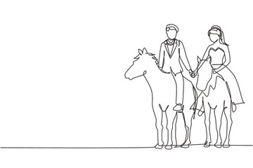 Continuous one line drawing married couple riding horses hand in hand with wedding dress. Man making proposal marriage to woman. Engagement and love relation. Single line draw design vector graphic