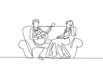 Single one line drawing married couple in love. Man with suit is playing guitar to his wife in living room on sofa. Woman with wedding dress listen and singing. Continuous line design graphic vector
