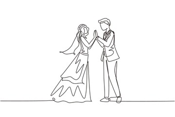 Fototapeta na wymiar Single continuous line cute man and woman wearing wedding dress holding hands and looking in each other eyes. Couple in love spending time together. Happy family. One line draw graphic design vector
