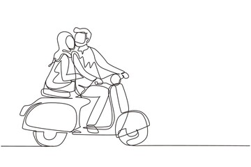 Continuous one line drawing Arabian couple with scooter vintage, pre-wedding concept. Man and woman with motorcycle, amorous relationship. Romantic road trip, journey. Single line draw design vector © Simple Line