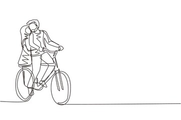Single one line drawing young loving Arab couple cycling. Romantic human relations, love story, newlywed family in honeymoon traveling adventure, passion, emotions. Continuous line draw design graphic