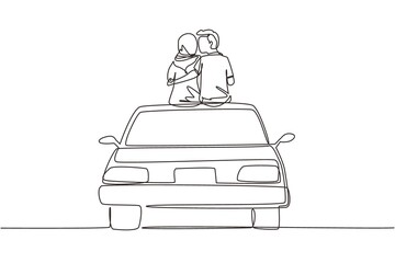 Single continuous line drawing two happy Arabian lovers sitting on roof of car and look at romantic scenery. Happy man and woman celebrating wedding anniversary. One line draw graphic design vector