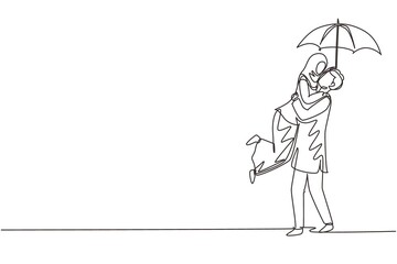 Single one line drawing cute Arabic couple in love under rain with umbrella. Happy man and woman walking at park and jumping. Married couple romantic relationship. Continuous line draw design graphic