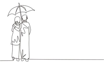 Continuous one line drawing back view lovers couple in rain. Arabic couple in love walking under rain with umbrella. Man and woman are walking along city street. Single line draw design vector graphic