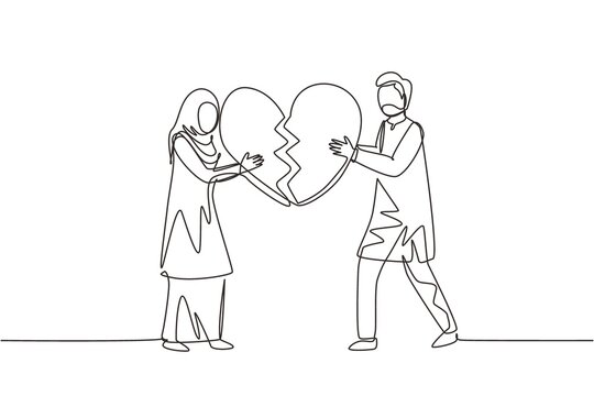 Single one line drawing heartbroken Arabic couple parting, divorce. Sad young man and woman trying to put together parts of broken heart. Modern continuous line draw design graphic vector illustration
