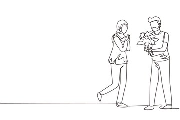 Continuous one line drawing Arabian man making proposal marriage to woman with bouquet. Boy surprises his girl and giving flowers. Engagement and love relation. Single line draw design vector graphic