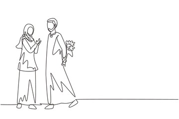 Continuous one line drawing Arabian man gives flowers to woman. Young man giving to woman bouquet of flowers for propose. Romantic couple in love. Single line draw design vector graphic illustration