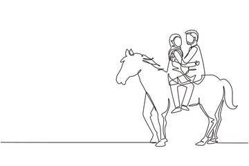 Continuous one line drawing of romantic Arabian couple in love riding horse. Happy couple getting ready for wedding. Engagement and love relation. Single line draw design vector graphic illustration