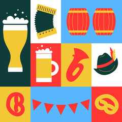 Traditional Oktoberfest beer festival. Mugs beer and people vector illustration. Oktoberfest cartoon flat banner. Set of Oktoberfest vector design elements. Vector EPS10