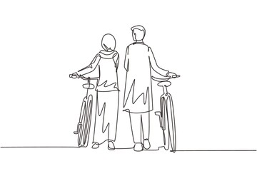 Fototapeta na wymiar Single continuous line drawing rear view couple Arab man and woman walking together with bicycle. Young boy and girl in love. Happy romantic married couple. Dynamic one line draw graphic design vector