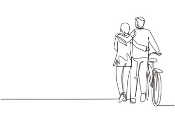 Single continuous line drawing back view of Arabian couple with bicycle walking in park on sunny autumn day. Man and woman in love. Happy romantic married couple. One line draw graphic design vector