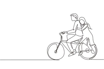 Fototapeta na wymiar Continuous one line drawing romantic Arabian couple riding bicycle together. Happy romantic family concept. Intimacy celebrates wedding anniversary. Single line draw design vector graphic illustration