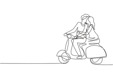 Single continuous line drawing couple with scooter vintage, pre-wedding concept. Man and woman with motorcycle, amorous relationship. Romantic road trip, journey. One line draw graphic design vector