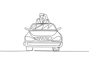 Single one line drawing happy couple on road trip in vintage retro car. Man and woman in vehicle. Married couple romantic relationship. Modern continuous line draw design graphic vector illustration