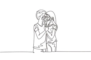 Single one line drawing young couple hugging and kissing behind bouquet of flowers. Happy man and woman celebrating wedding anniversary. Modern continuous line draw design graphic vector illustration