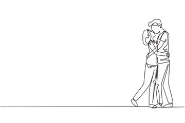 Continuous one line drawing dominant relationship. Romantic couple in love kissing and hugging. Happy man and woman celebrating wedding anniversary. Single line draw design vector graphic illustration