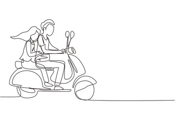 Continuous one line drawing couple riding motorcycle. Man driving scooter and woman are passenger while hugging. Driving around city. Drive safely. Single line draw design vector graphic illustration © Simple Line