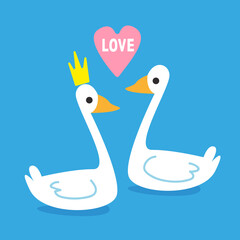 Two enamored white swans with a gold crown and heart on a blue background. Vector illustration in cartoon minimal style. Isolated funny clipart. Cute valentine s day print