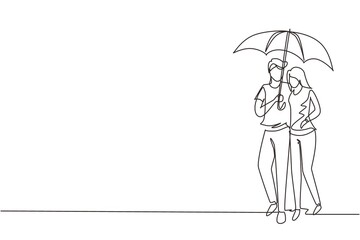 Single one line drawing young couple man woman, girl and boy walking holding umbrella under rain smiling hugging. Romantic couple at rainy autumn weather. Continuous line draw design graphic vector
