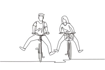 Fototapeta na wymiar Continuous one line drawing happy funny young couple riding on bicycle. Romantic teenage couple ride bike. Young man and woman in love. Happy married couple. Single line draw design vector graphic