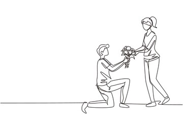 Single one line drawing man on knee making marriage proposal to woman with bouquet. Boy in love giving flowers. Happy couple getting ready for wedding. Continuous line draw design graphic vector