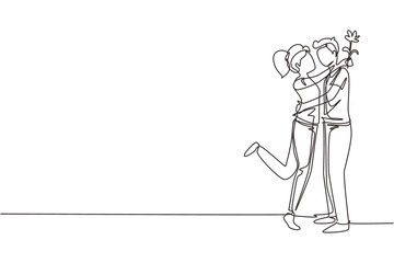 Single one line drawing boy giving rose flower to girl. Man in love giving flowers. Happy couple getting ready for wedding. Engagement and love relation. Continuous line design vector illustration