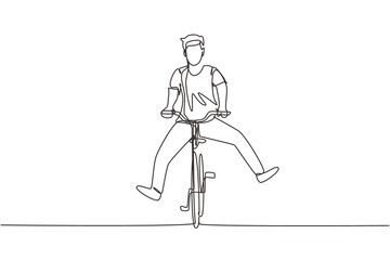 Obraz premium Single continuous line drawing happy young man in casual clothes riding bicycle. Healthy and sport lifestyle. Ecological vehicle of transportation. One line draw graphic design vector illustration