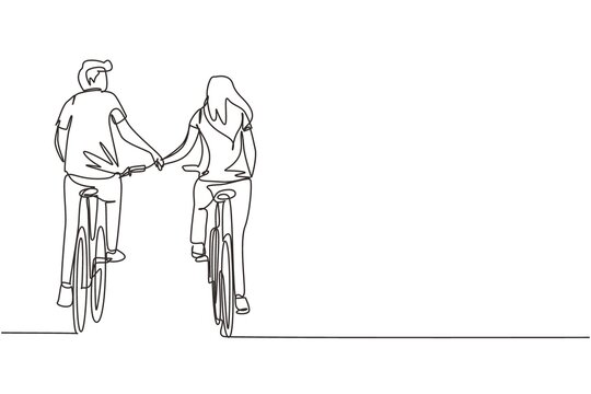 Single one line drawing happy couple ride bicycles in meadow back to camera and holding hands. Young man and woman in love. Happy romantic married couple. Continuous line draw design graphic vector