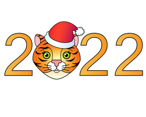 2022 with cute tiger face in santa hat, year of the tiger vector full color lettering. New year lettering tiger with head in cap 2022 - element