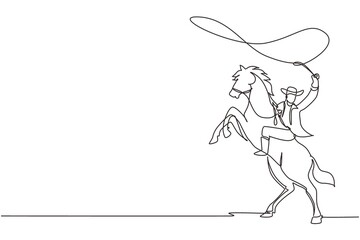 Single one line drawing cowboy with lasso on rearing horse. Cowboy with rope lasso on horse. American cowboy riding horse and throwing lasso. Continuous line draw design graphic vector illustration - obrazy, fototapety, plakaty